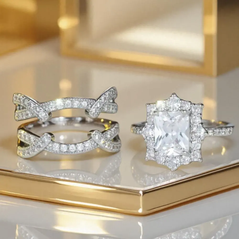 2-Piece Stackable Ring Set, Women's Princess Style Square Shaped Bands with Cubic Zirconia Inlay, Promise Jewelry, Stackable Finger Rings, Square Shaped Ring