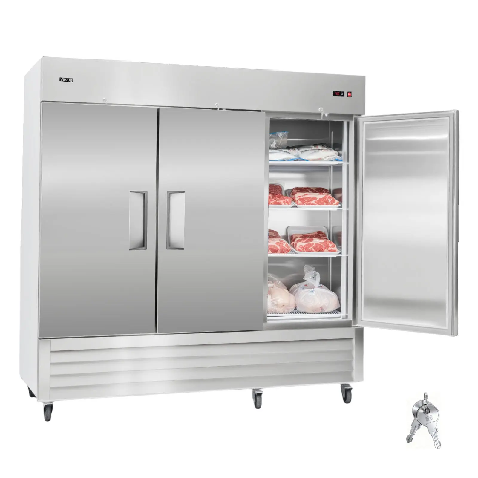 Commercial Freezer, 32.2 in Width Reach In Upright-Freezer Three Door, 66.9 Cu. ft Auto-Defrost Stainless Steel Freezer with 12 Adjustable Shelves, -11 to 14 Temp Control, LED Light, 4 Wheels