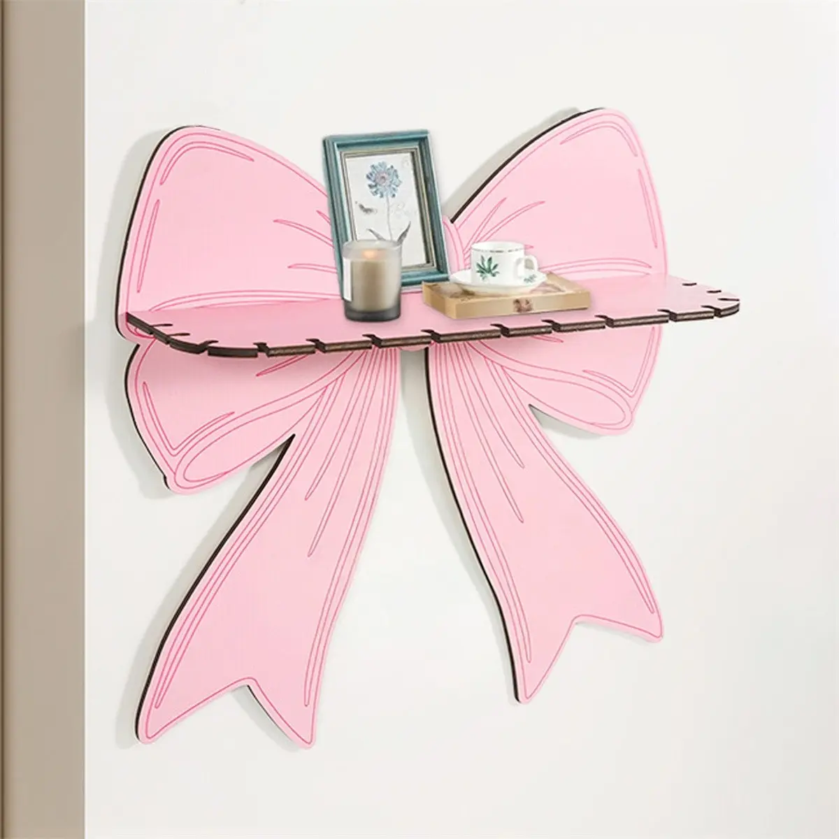 No-Drill Bow Wall Mount Shelf, Living Room Wall Decor Organizer, Bedroom Door Back Floating Storage Rack, Wooden Cartoon Decoration Holder, Wall Mount Design, Shelf For Wall, Space Saving Design