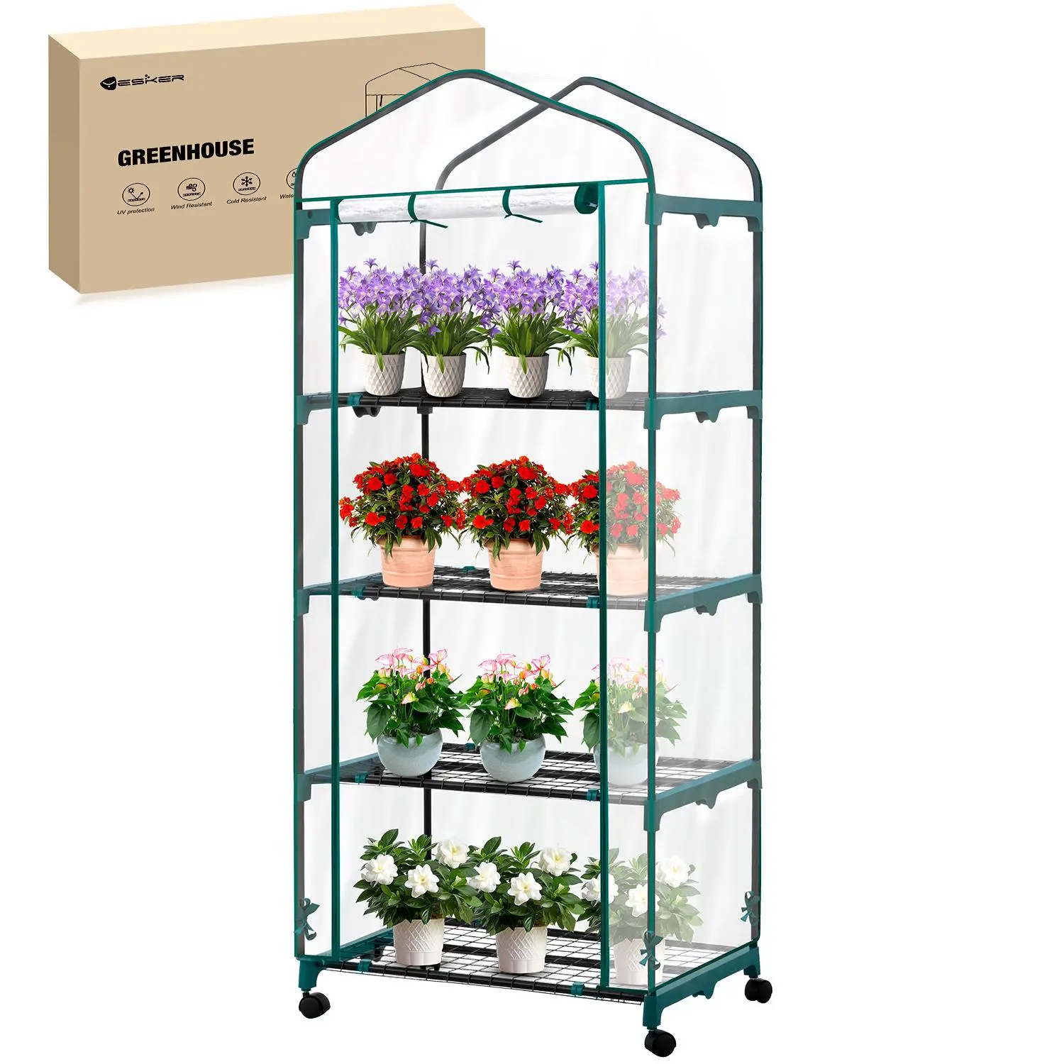 Yesker Mini Greenhouse - Compact Indoor Greenhouses Kit, 27"x20"x63" Portable Frame, 4-Tier Shelves, Wheels, Transparent PVC Cover, Ventilated Door, Sunlight Access for Winter Gardening, Balcony Use, Mini Greenhouses