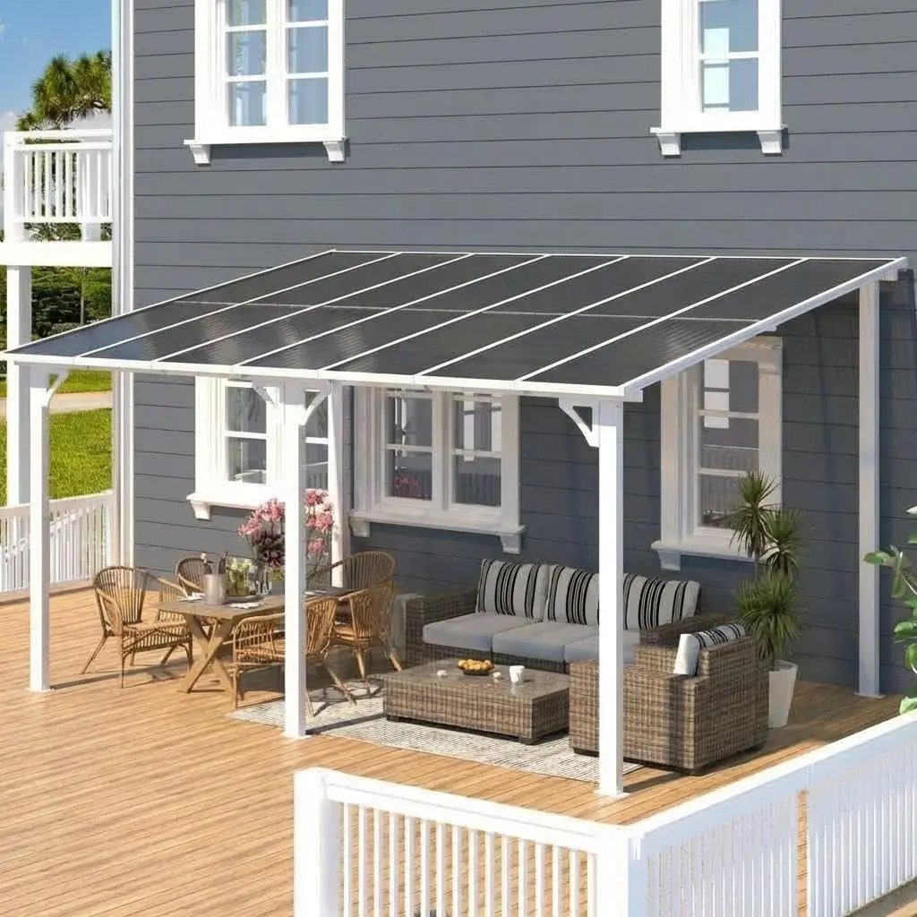 10x12 Ft Wall-Mounted Lean-to Gazebo, Modern Outdoor Patio Pergola with Reinforced Aluminum Frame & 6mm Polycarbonate Hardtop Roof for Deck, Backyard & Garden