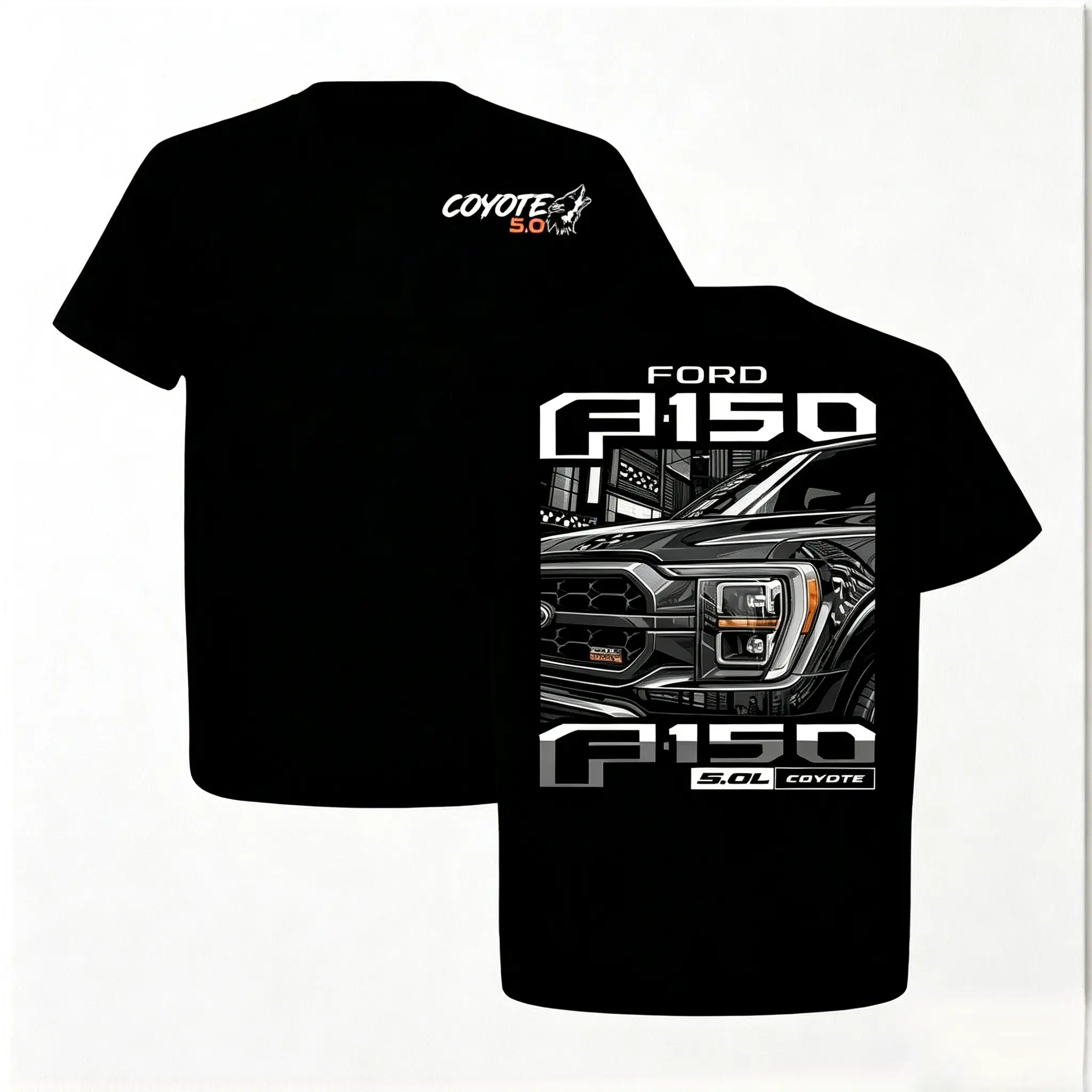 Men's Double-Sided Ford F150 Coyote 5.0 Graphic Menswear Apparel, Short-Sleeve Round Neck Cotton Crewneck Garment for Pickup Truck Automotive Enthusiasts, Casual Fit