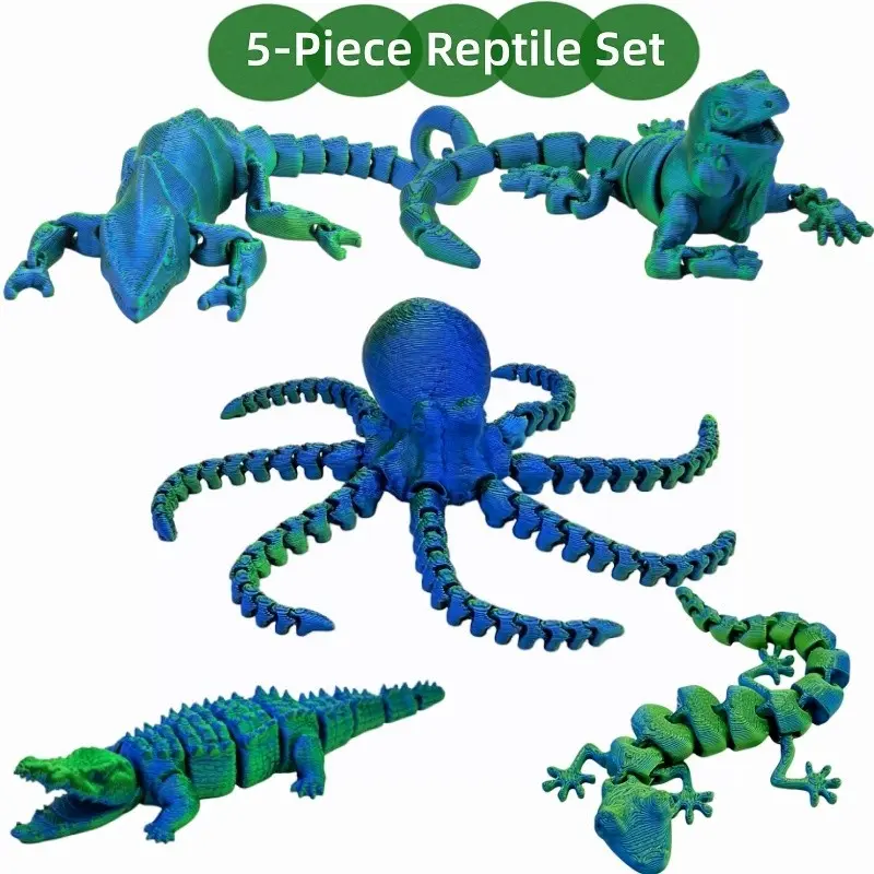 5 Different Reptile Figures, Lizard Chameleon Gecko Octopus Crocodile, Full Joint Movement, Articulated Animal Figurines, Realistic Design, Perfect for Daily Decor, Birthday Gifts