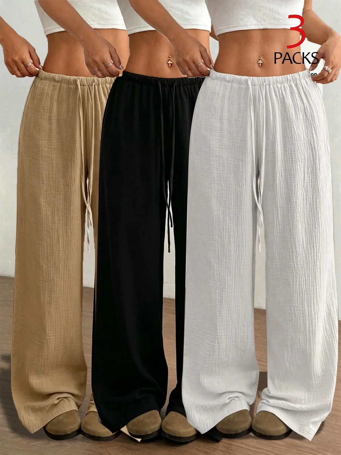 3-Pack Women's Basic Linen Lightweight Transparent Long Pants, Casual Baggy Loose-Fit, Breathable Comfort, Summer Elastic Waist