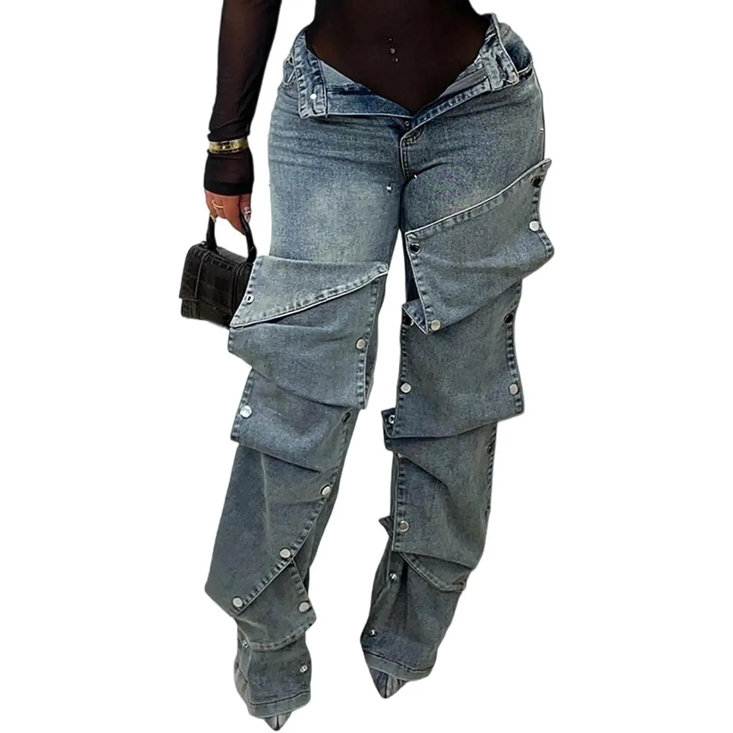 Womens y2k Detachable Patchwork Irregular Boyfriend Cargo Jeans High Waisted Straight Leg Denim Pants Streetwear,clothes for back to school,first day of school outfits