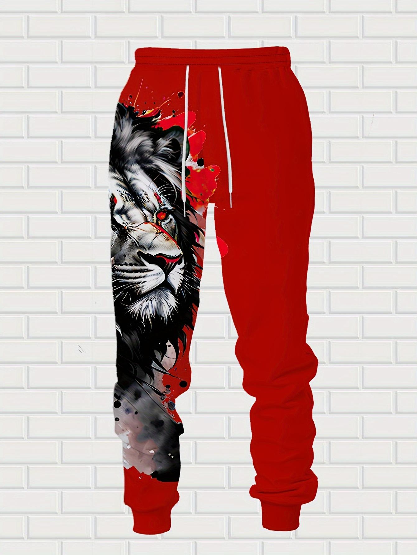Men's casual 2-piece set, lion ink print hoodie and sweatpants, spring and autumn fashion outfit