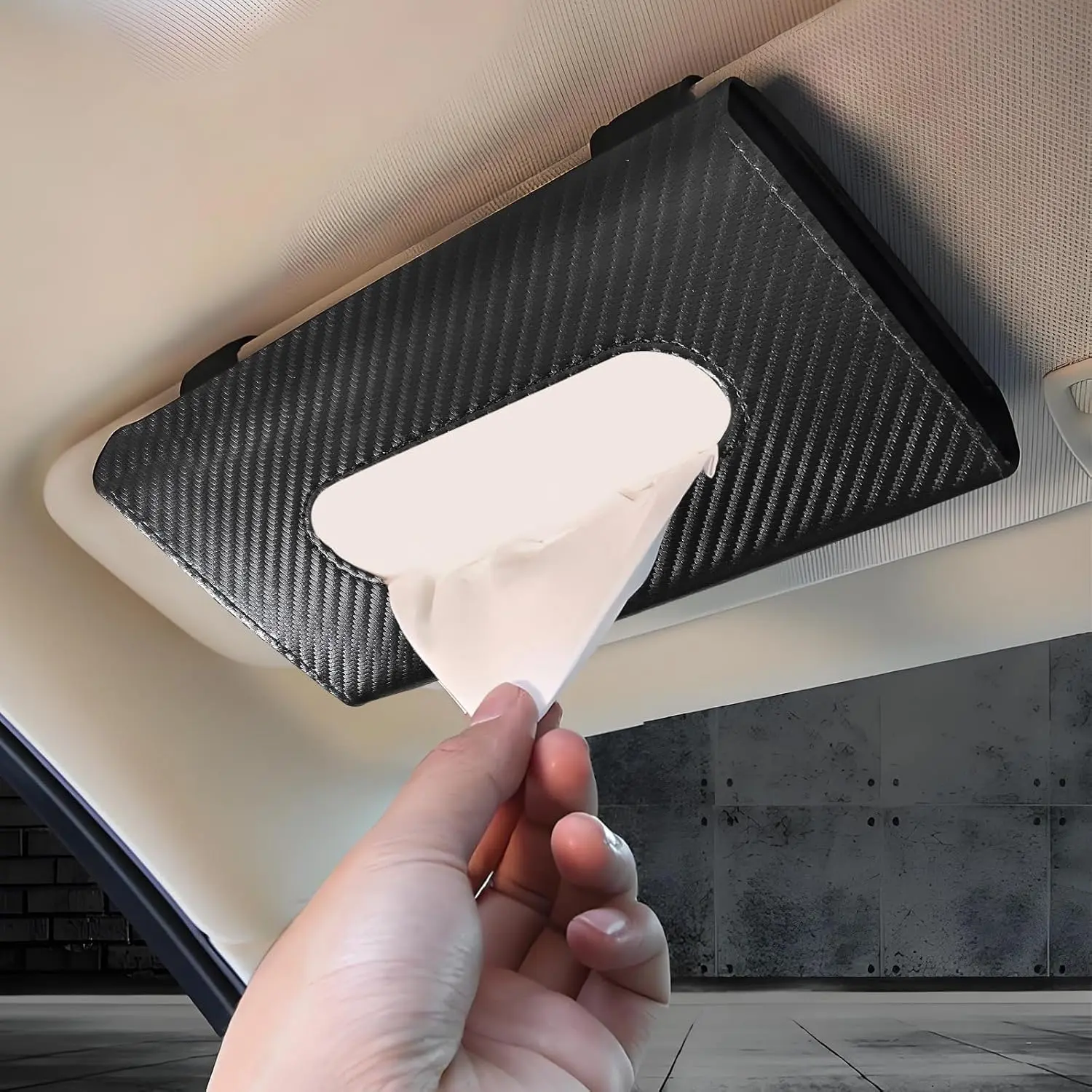 Tissue Holder, Leather Tissue Holder for  Sun Visor, Rectangular Auto Sun Visor Napkin Holder Mask Dispenser,   Tissue Box Sun Visor Accessory (Carbon Fiber)