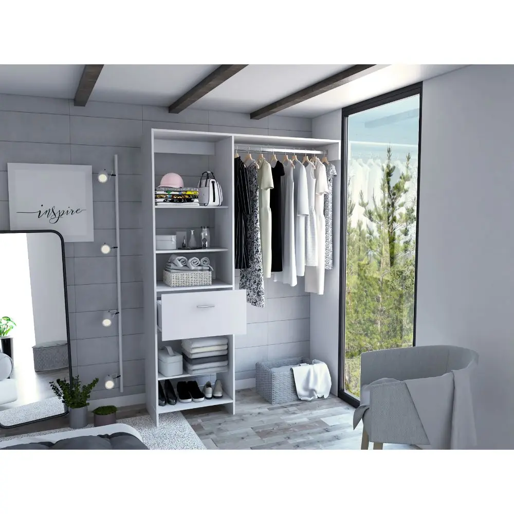 Nokaa Closet System with 5 Open Shelves, 1 Drawer, 1 Metal Hanging Rod, White Engineered Wood Storage Organizer for Bedroom, Living Room, Hallway, Entryway, FSC Certified, TSCA Compliant, 59.06W x 16.34D x 82.91H in, White Color Options