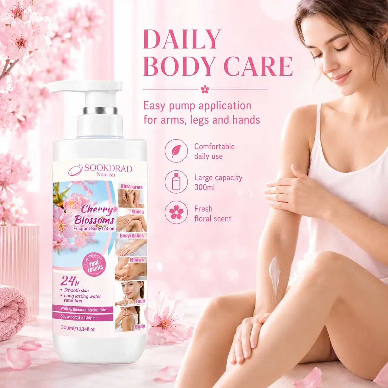 Cherry Blossoms Fragrant Body Lotion, with hyaluronan nicotinamide, Soy aseorbyl octyldyde, 24h smooth skin, long lasting water retention, for ultra-arms, knees, body/hands, elbows, face,