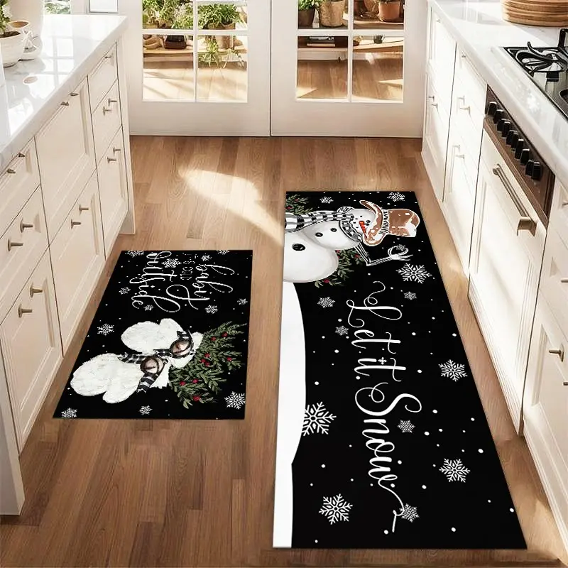 2pcs Christmas Eve Snowman Rug Set, Farmhouse Kitchen Carpet, Dining Room Floor Mat, Laundry Room Decorative Rug Pad