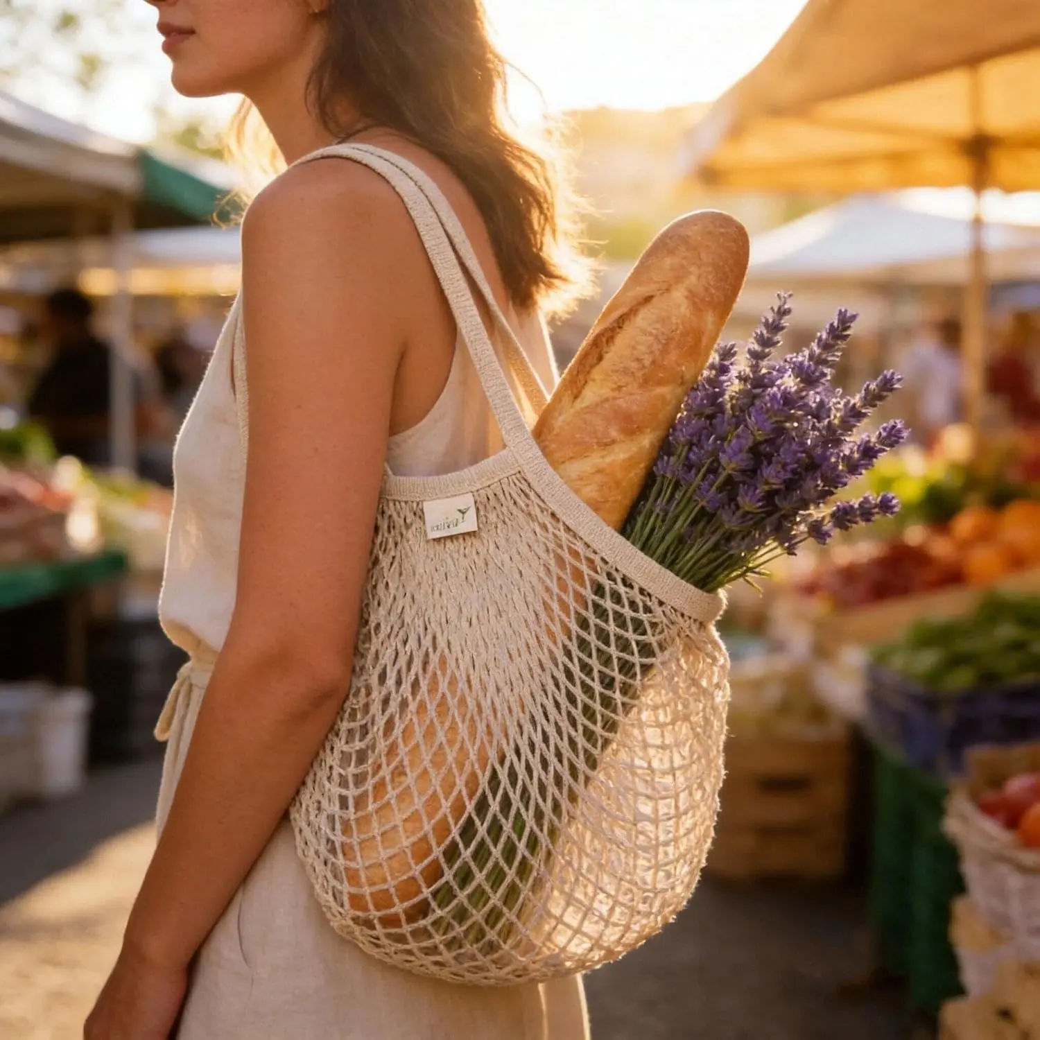 Reusable Farmers Market Bags, 2-Pack- Crafted from Breathable Cotton Mesh with Long Handles, Ideal for Carrying Produce at Farmers Markets, Organizing Fruits & Vegetables
