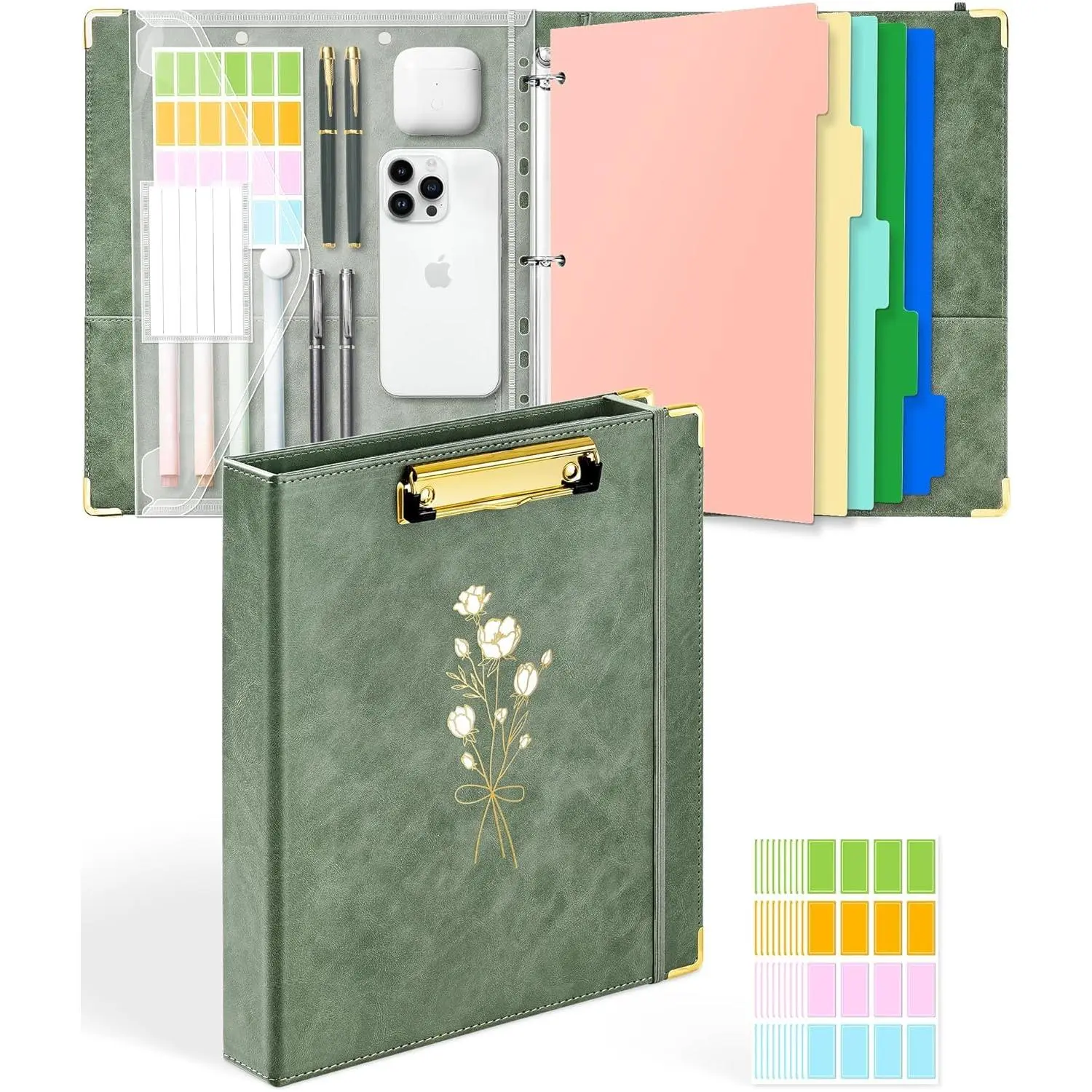 1 Inch 3-Ring Clipboard+Binder Document Organizer (Leather Finish) with 5 Dividers, Plastic Folder, 400 Divider Stickers, Fits 175 Sheets of 8.5"x11" Letter Size Paper, Floral Pattern