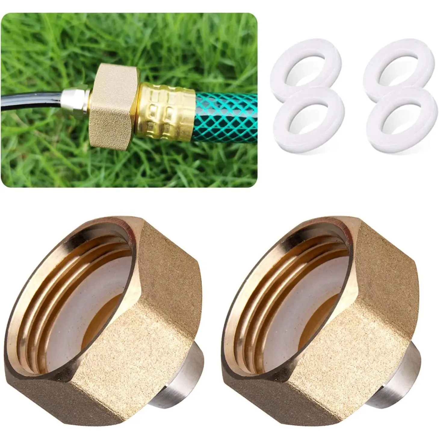 Standard Faucet Adapter, 3/4'' to 1/4'' Hose Adapter, Convert 3/4" Female Hose Thread Bib to 1/4" Tubing, 2 Brass Adapters with 4 Washers