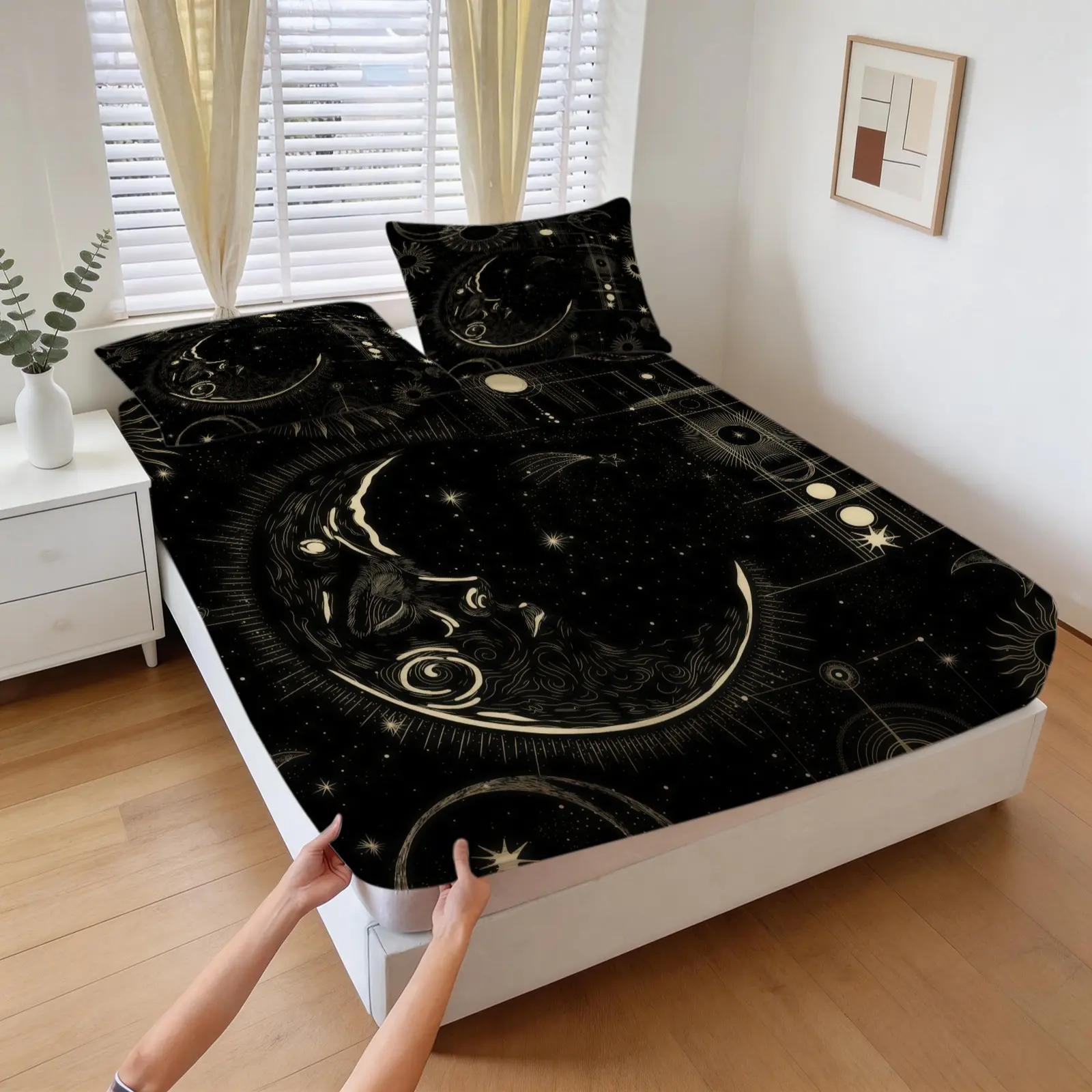 3-Piece Sun And Moon Pattern Fitted Sheet Set, Soft And Comfortable Bedding Set, Including 1 Sheet And 2 Pillowcases (Pillow Inserts Not Included), Suitable For Teenagers And Adults, Bedroom, Apartment, Dormitory Scene
