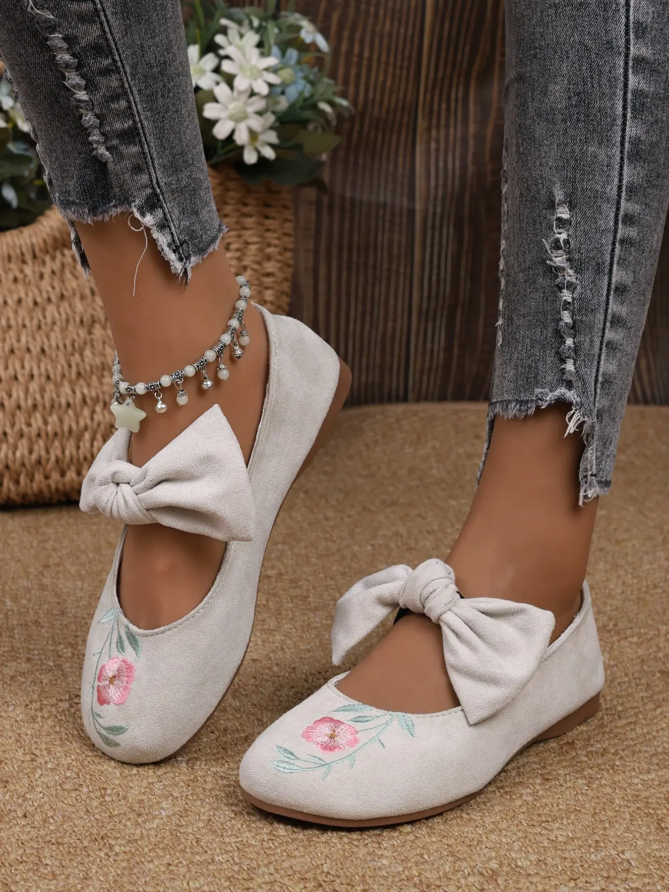 2026 Popular Trend Cottagecore Soft Fairy Sweet Campus Pastoral Style Floral Embroidered Big Bow Mary Jane Flats, Easy Slip On Soft Sole Ballet Shoes, All Season Soft Comfort Daily Commuter Walking Footwear For Women