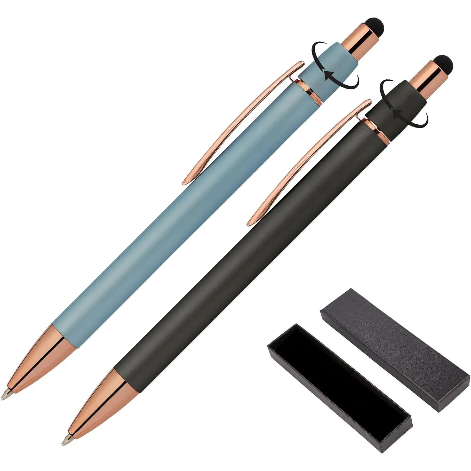 Fidget Pens for Adults - 2 Pack Stress Relief Metal Pens with Rubber Grip & Gift Box - ADHD Anxiety Focus Tool for Office Work (Black-Blue)