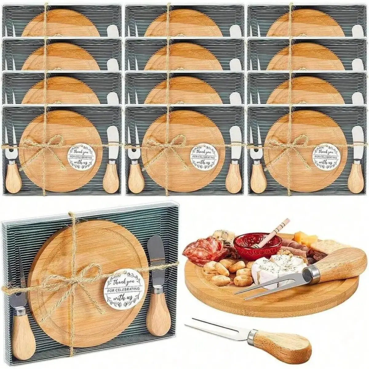 Compact Bamboo Mini Cutting Boards Gift Set - Includes Stainless Steel Cheese Knives, Thank You Cards, Tools Kitchen Housewarming Birthday Favors for Bridal Shower Guests # idea year student halloween party day card fun christmas fishing self care basket