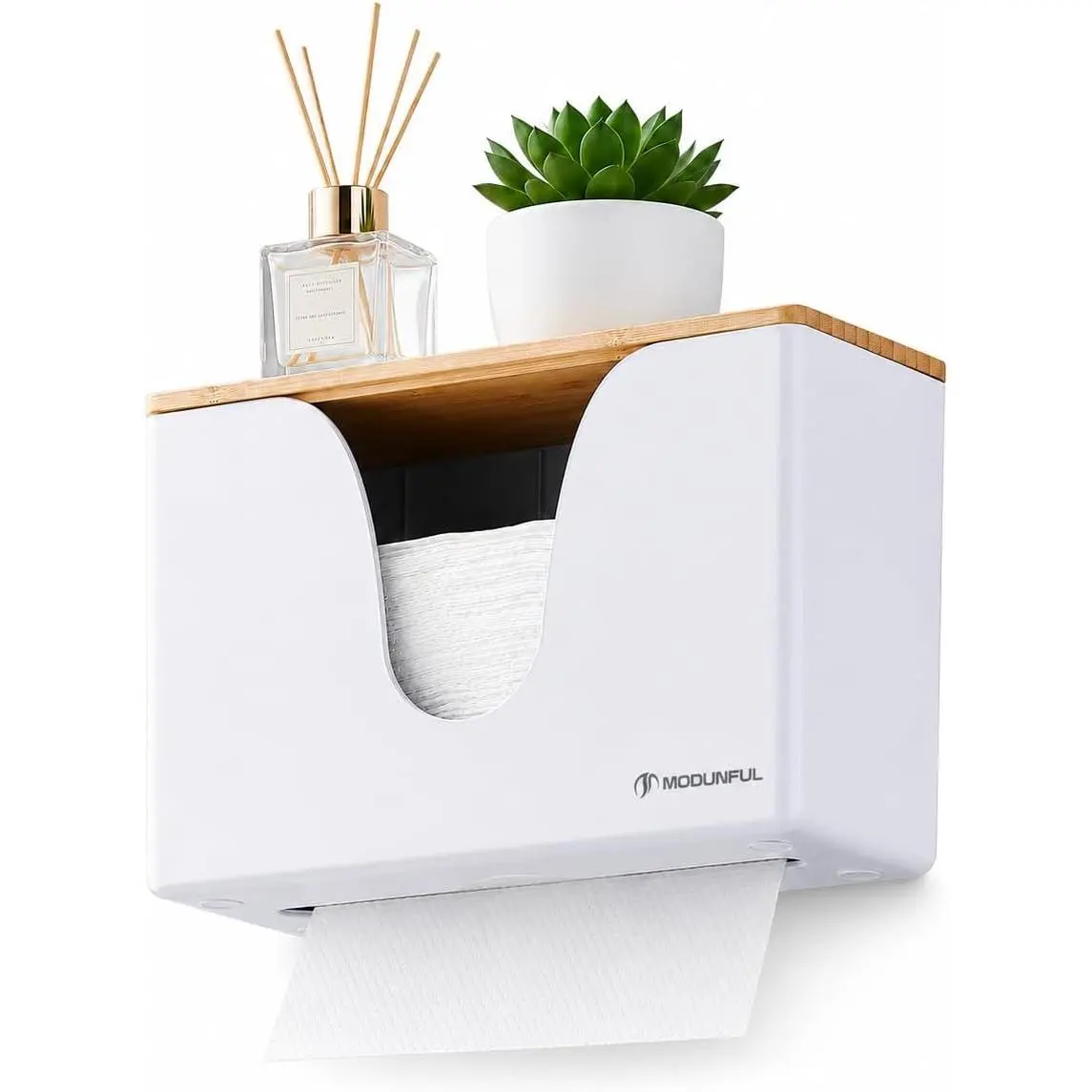 Countertop Paper Towel Dispenser Wall-Mount: Hand Tissue Holder with Wood Lid for Home, Bathroom, White