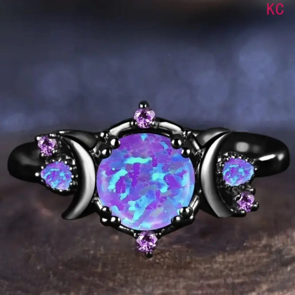 Gun Black Moon Ring Inlaid With Faux Opal, Stylish Finger Jewelry For European American Women Daily Outfit Matching Accessory