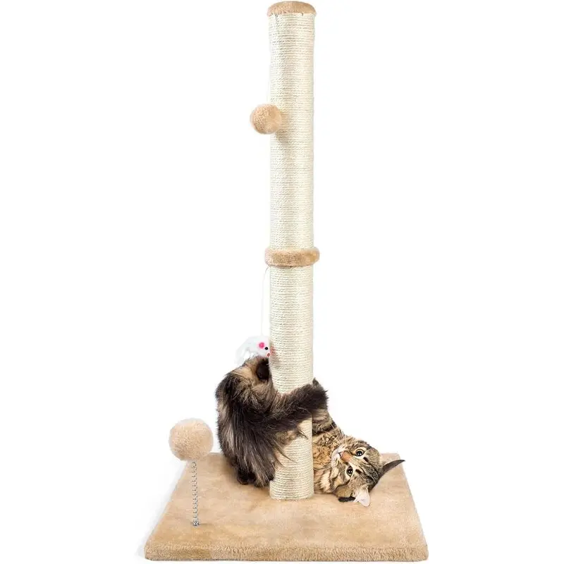 32-Inch Tall Cat Scratching Post for Indoor Cats, Natural Sisal Scratcher with 3 Interactive Plush Toys, Sturdy Base for Kittens & Adult Cats, Beige