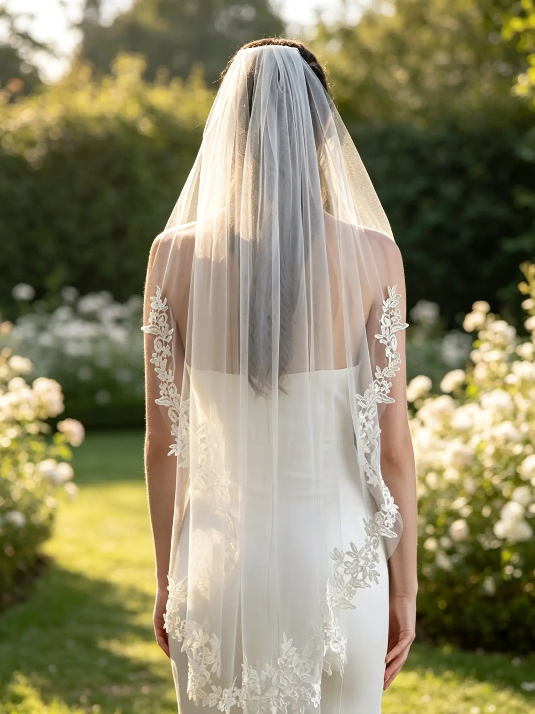 1 Meter Elegant Single Layer Lace Wedding Veil, Asymmetric Floral Lace Trim Soft Tulle Bride Veil, Ivory Color Bridal Accessory