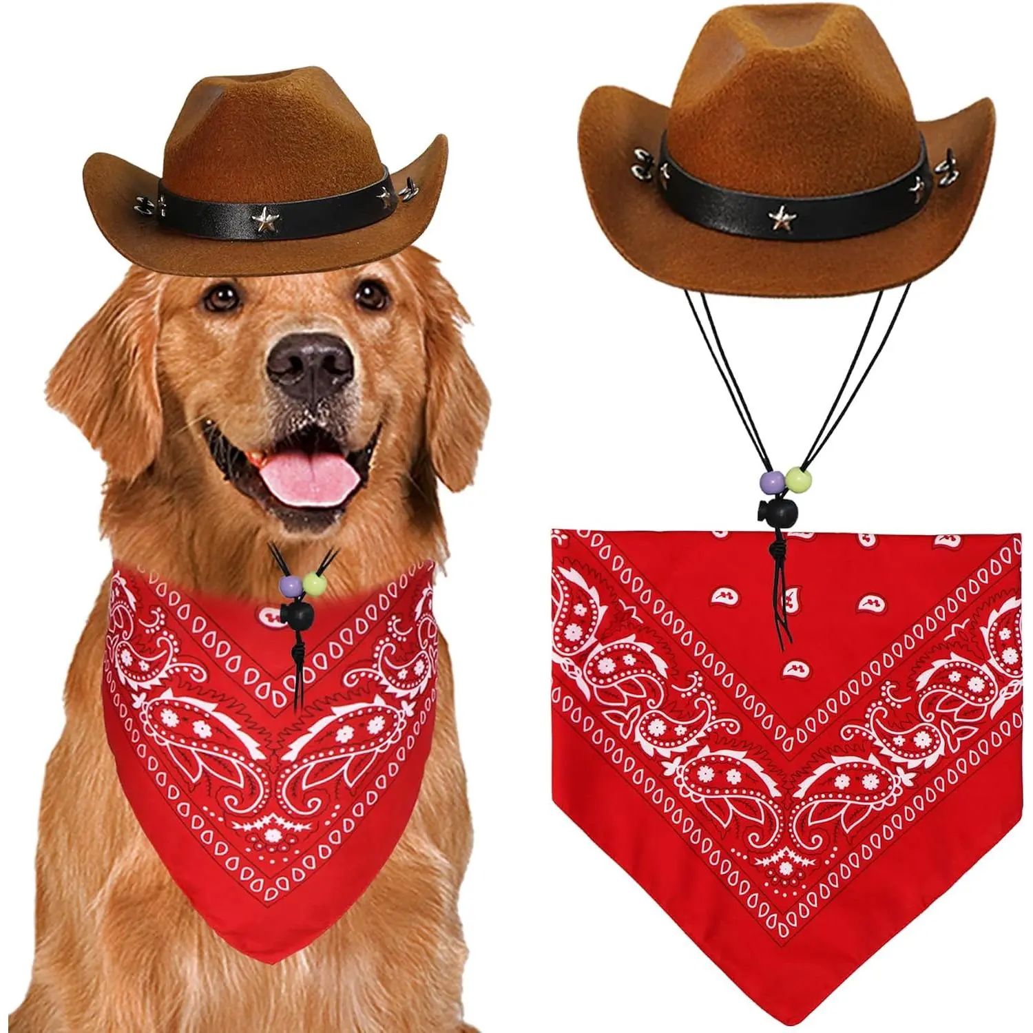 Dog Halloween Costumes, Dog Cowboy Costume Halloween Pet Cowboy Hat Bandana Scarf for Small Medium Large Dogs Pets (Brown Hat & Red Bandana, Large)