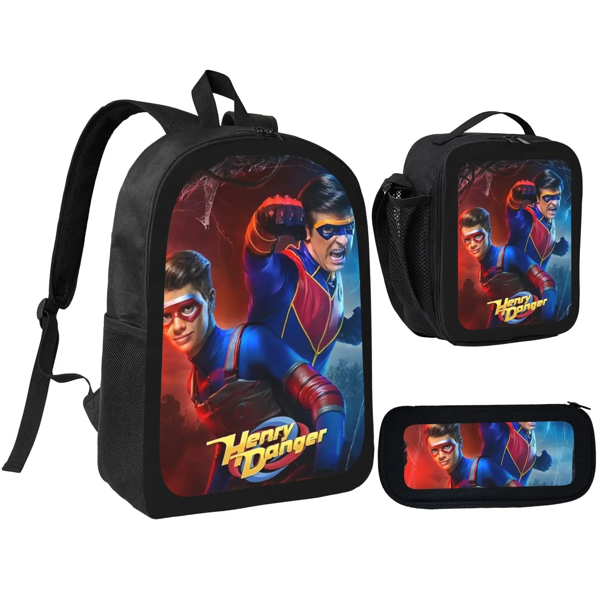 Henry Danger 3-in-1 Backpack Lunch Bag Pencil Case Set - Action-Packed School Supplies for Kids, Featuring Henry Hart (Kid Danger) & Captain Man, Durable Back-to-School Essentials
