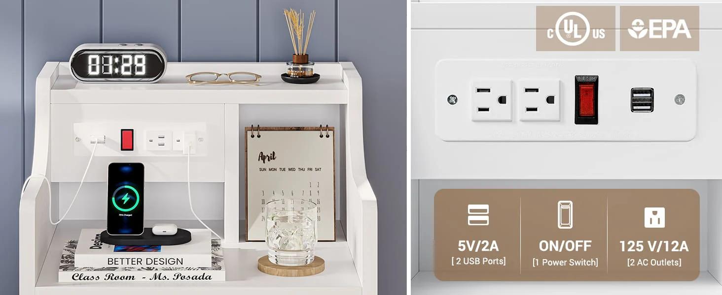 Sikaic Nightstand with 3 Drawers Charging Station White Bedside Cabinet Modern Accent Tables USB Ports Power Outlets Storage Modern Furniture