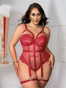 Christmas Lace Jumpsuit Set, Sexy Mesh Cutout Bodysuit with Bra Cups, Leg Rings, Waist Belt, Perfect for Parties and Valentine's Day Gifts