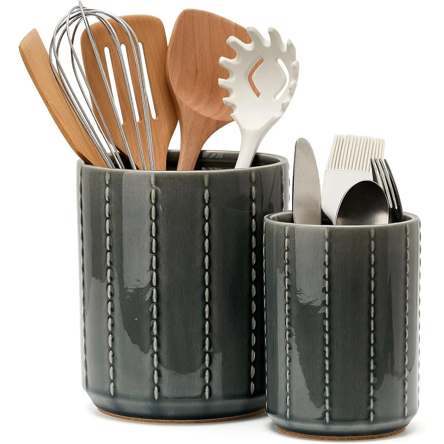 Kitchen Utensil Holder, 7.5"+6.2" Bead Chain Ceramic Utensil Crock for Countertop, Utensil Holder with Cork Mat, Morden Utensil Organizer for Spatula, Kitchen Decor, Set of 2, Grayish Blue