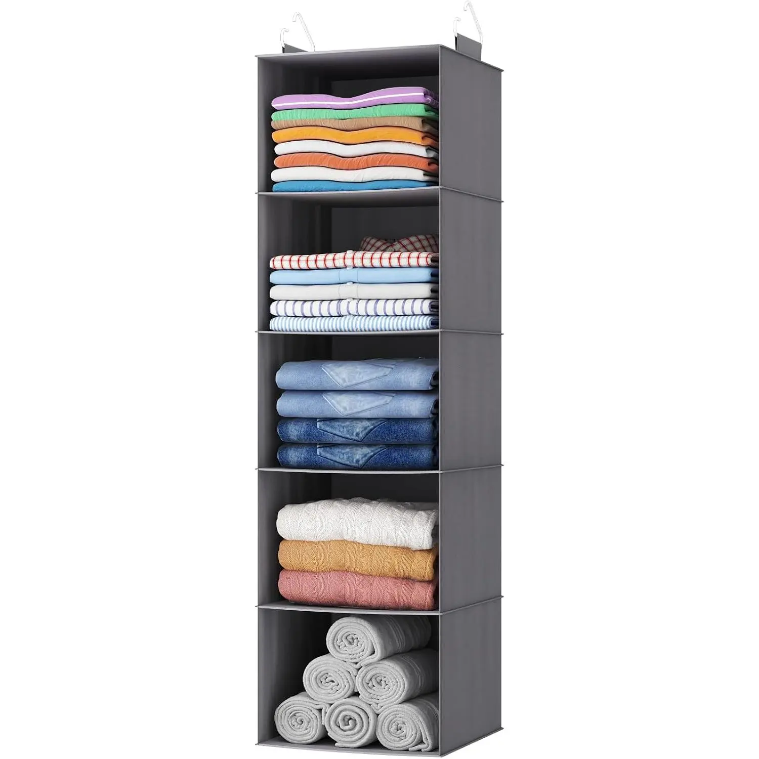 5 Tier  Closet Storage Organizer for Shelves, Gray, 1 Pack | Foldable Clothes Shelf with 2 Sturdy Hooks, Sweater/Coat/Shoes Clothing Organization for Wardrobe, Dorm, Bedroom