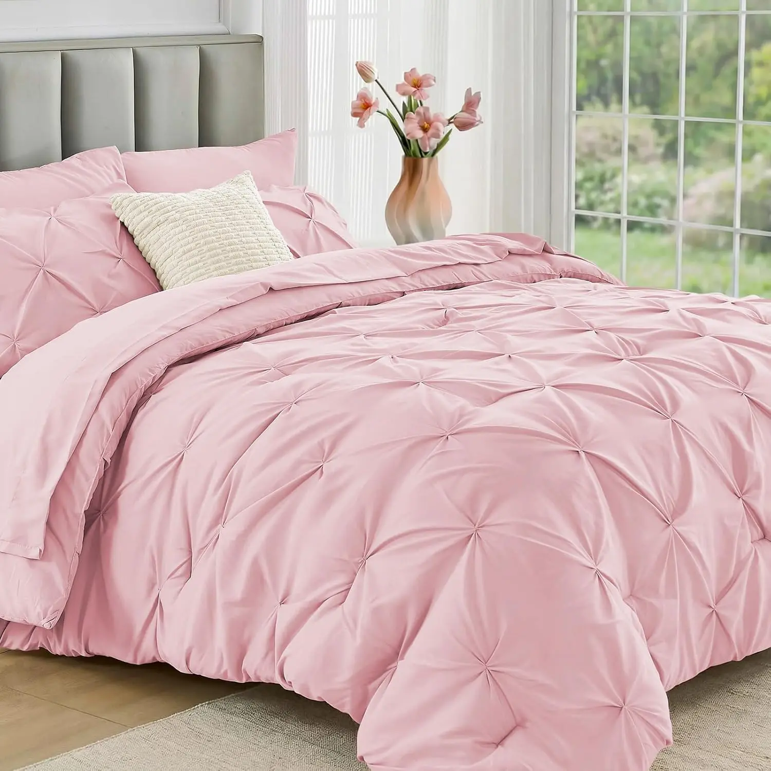 Queen Comforter Set 7 Pieces - Bed in a Bag Queen for All Season, Pintuck Bedding Comforter Sets with Comforter, Flat Sheet, Fitted Sheet and Pillowcases & Shams, Baby Pink