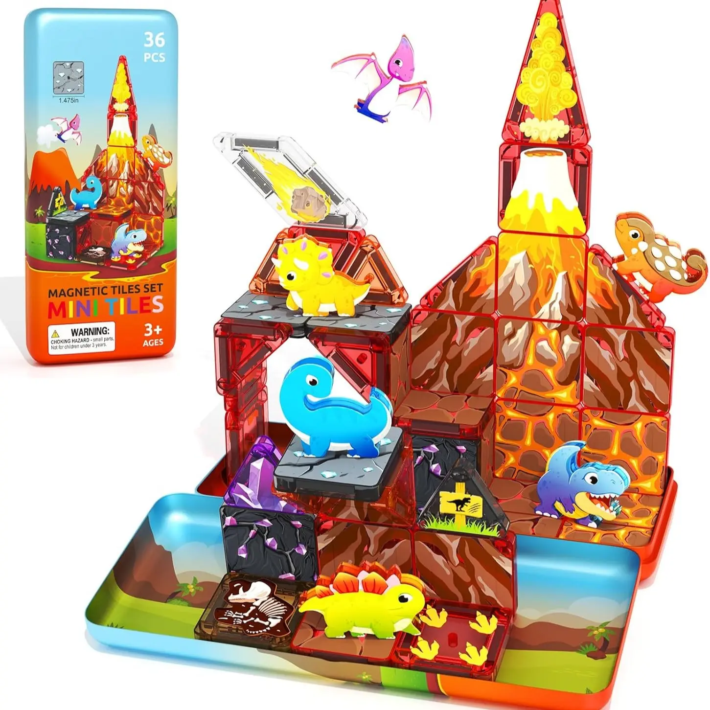 44PCS Mini Magnetic Tiles Dinosaur Kids Toys with Case - Toddler Travel Essentials Outdoor Set, Magnetic Blocks Montessori Preschool Sensory Building Toys,STEM Travel Toys with Metal Storage Box, Birthdays Gifts for Kids, Magnetic Tiles Toys with Farm Ani