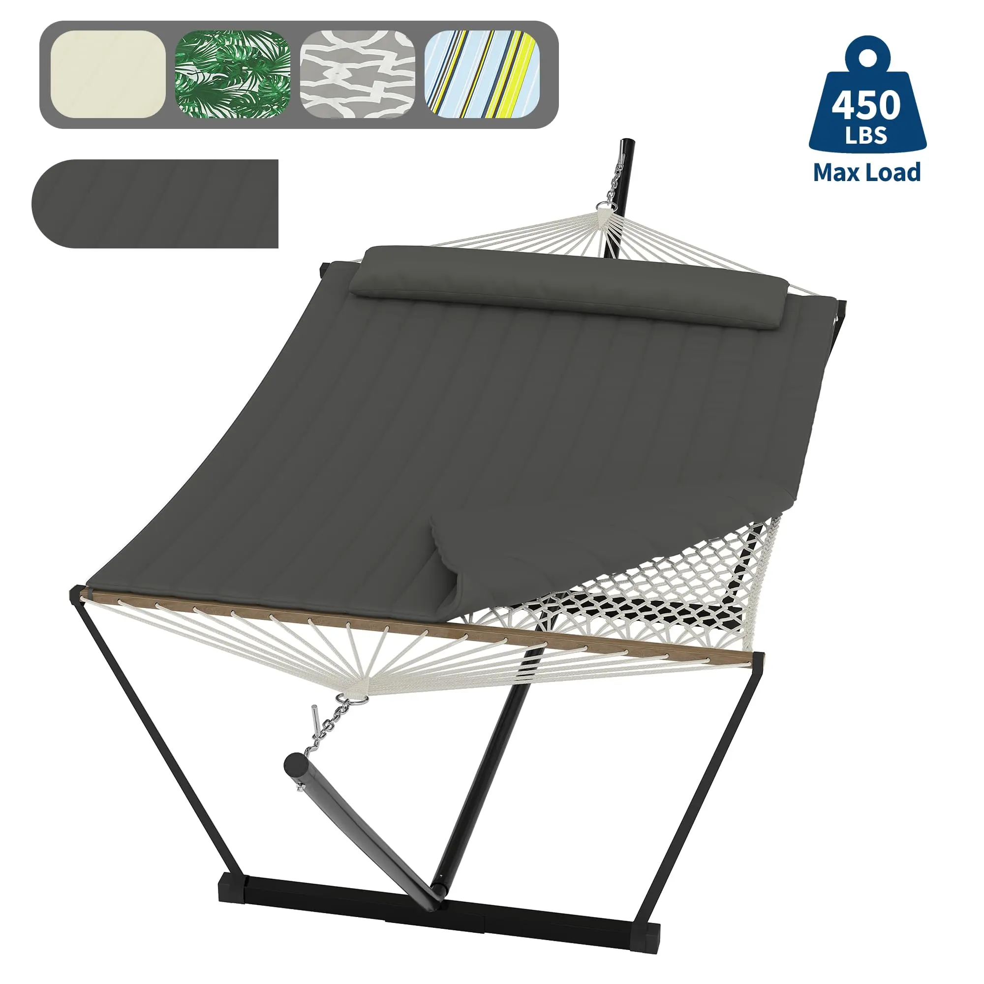 2-Person Outdoor Hammock with Iron Frame Stand, Portable and Lightweight, 475Lb Capacity, Durable Polyester Net Bag and Quilted Cotton Rope Cushion, Perfect for Garden, Camping, and Relaxation