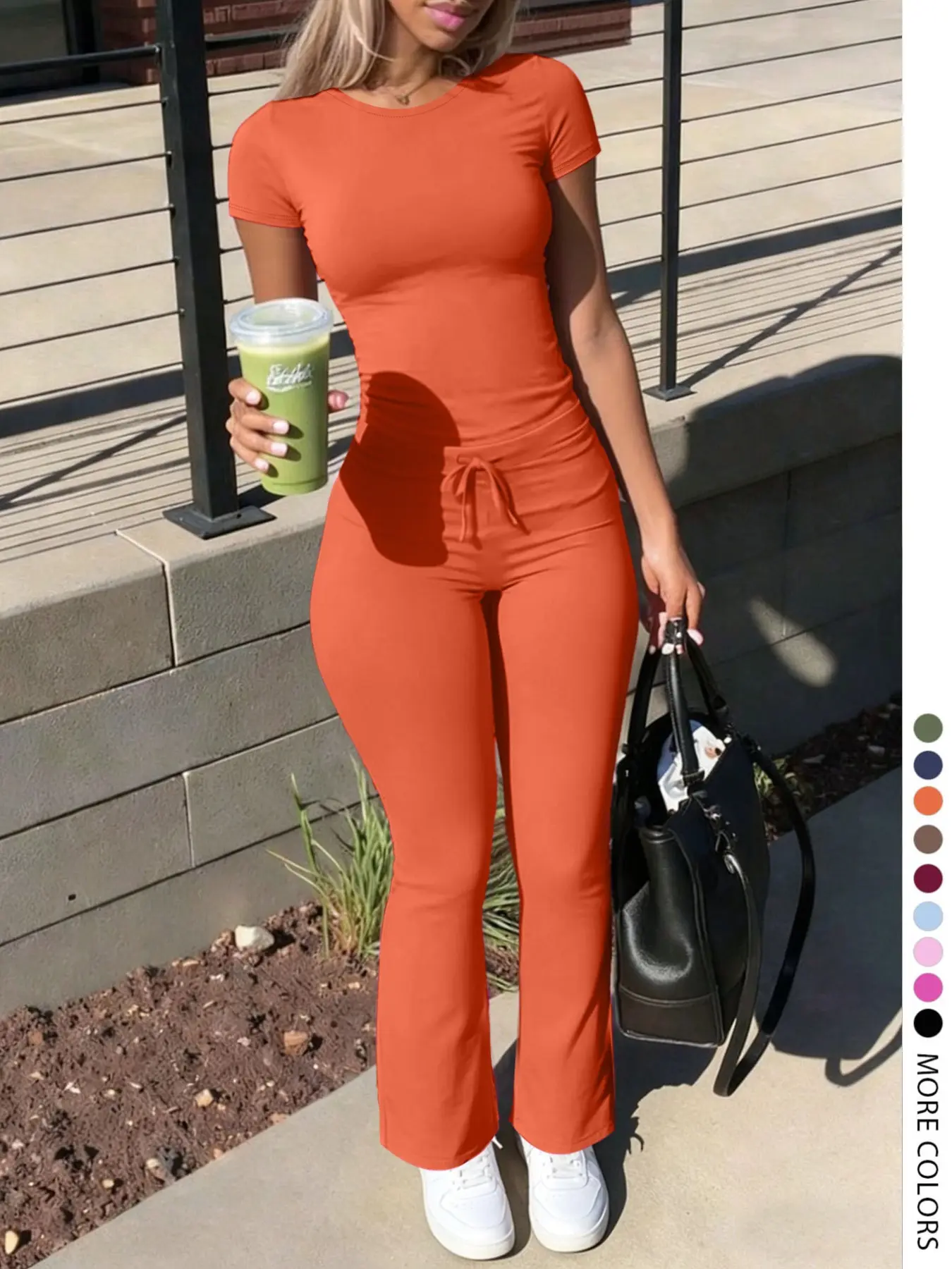 Women's Fashion Casual Solid Color Round Neck Short Sleeve T-shirt and Adjustable Drawstring Pants Set for Summer, Womenswear
