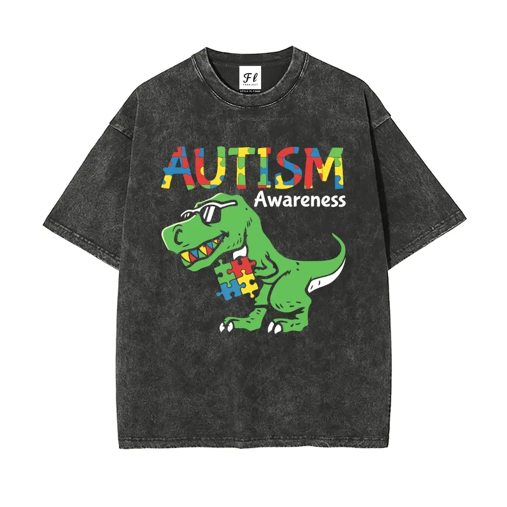 Unisex AUTISM Awareness Green Tyrannosaurus Rex with colorful puzzle pieces Graphict Washed T-Shirt Personalized Pattern Y2k Clothing Round Neck Washed T-Shirt,Women's Clothing 100% Cotton, Menswear, Top, Vintage Style,Summer Casual Oversized