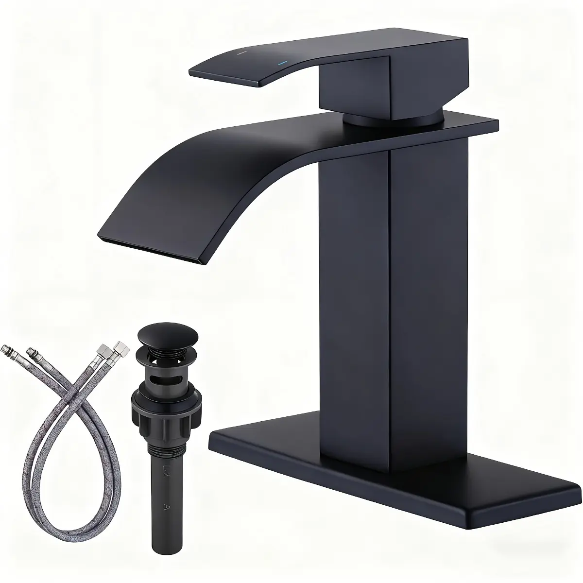 Modern Waterfall Sink Faucet in Matte Black - Single Hole Mixing Tap with Deck Plate for 3-Hole Vanity - Complete Set with Pop-Up Drain - Sleek Bathroom Fixture for Modern Home Renovation Faucets for Bathroom Sinks Basin Mixer Tap