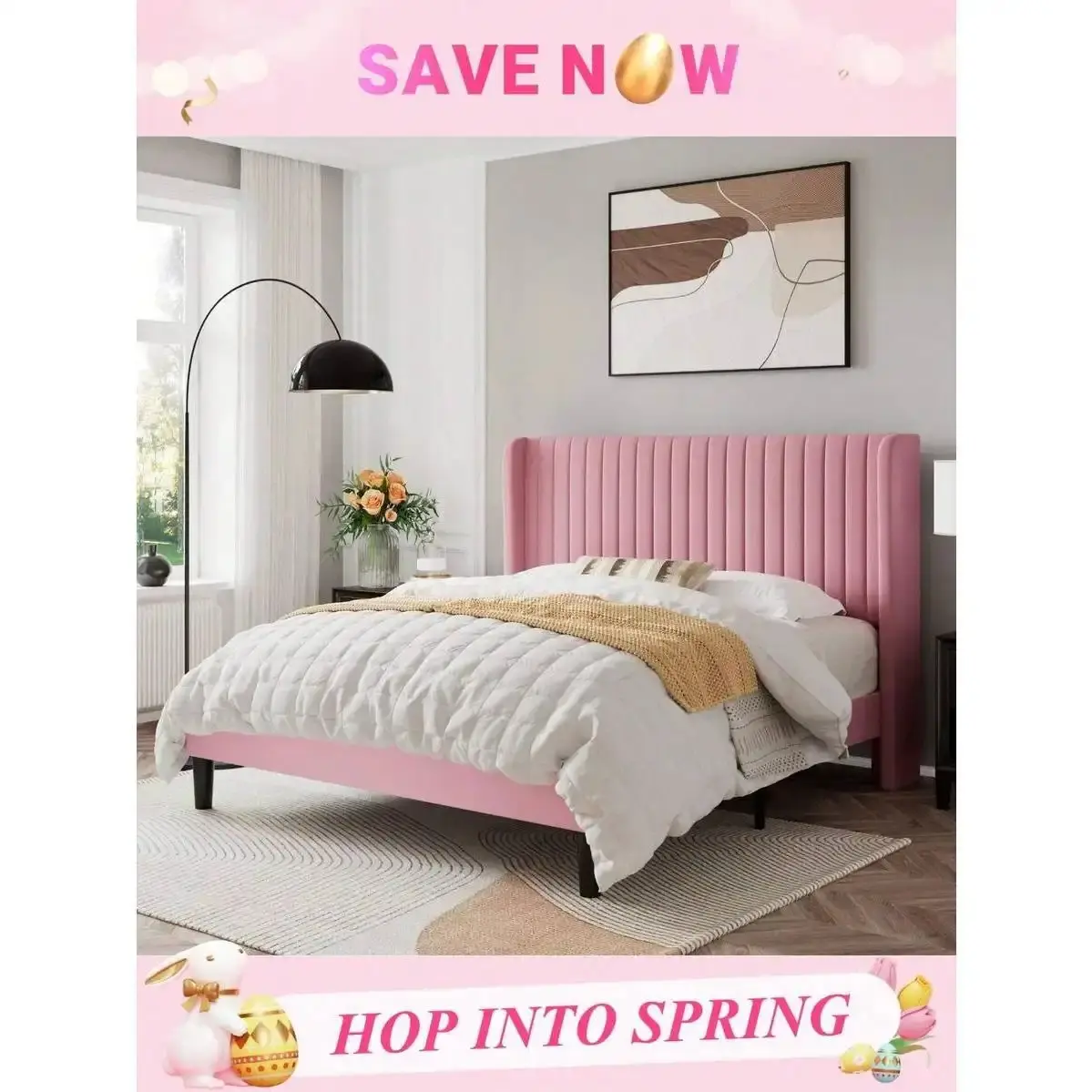 Allewie Multi-Size Velvet Fabric Bed Frame with Classic Tufted Wings Headboard, Vertical Channel Tufted Wingback, Upholstered Platform, Strong Wooden Slats, No Box Spring Needed, Easy Assembly (Blue, Black, White, Green, Teal, Pink, Grey) Queen Bed