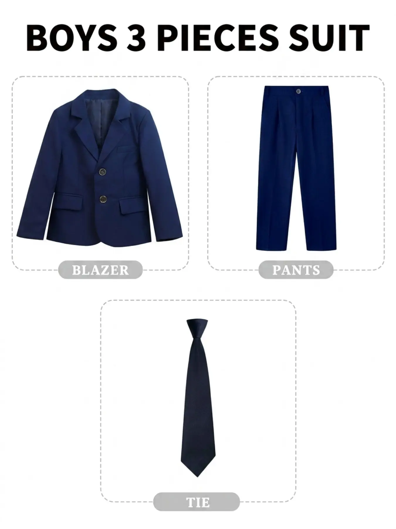 All-Match Kids 3-Piece Formal Suit Solid Black And Navy Blazer Pants Tie Set 3D Tailoring For Sharp Look Ideal For Exam Catwalk And Dinner Party Unlock Handsome Looks For All Boys’ Formal Occasions No Shirt Included Clothes Kids
