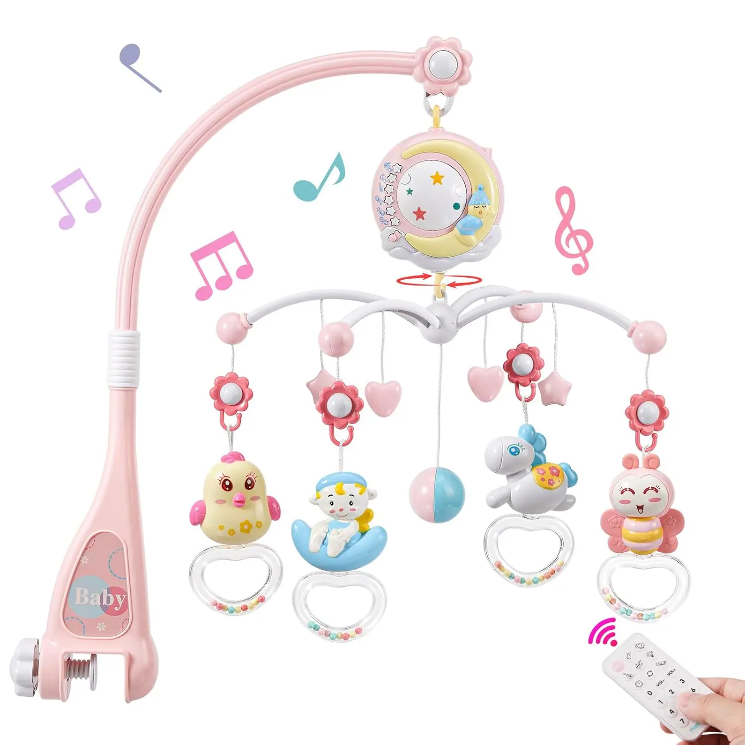 Baby Musical Crib Mobile with Projector, Night Light, 150 Melodies, Timing Function, Take-Along Musical Box & Rattle, Mobile Toy for Newborns (Music-Light Feature Included), Rattles