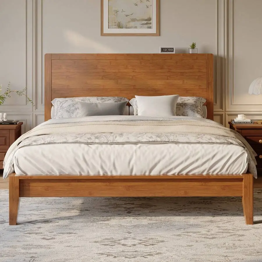 Full/Queen/Size Bamboo Bed Frame With Tall Headboard, Japanese Joinery Platform Bed, Sturdy Wood Slat Support, 7.9" Under-Bed Storage, No Box Needed, Easy Assembly, Redwood