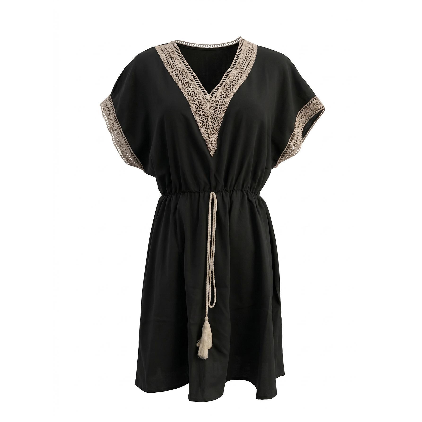 Boho Crochet V-Neck Tunic Top Chic Tassel Waist Summer Mini Dress | Size S-XL | Perfect for Beach, Vacation & Casual Streetwear Boho Crochet V-Neck Tunic Top Chic Tassel Waist Summer Mini Dress | Size S-XL | Perfect for Beach, Vacation & Casual Streetwear