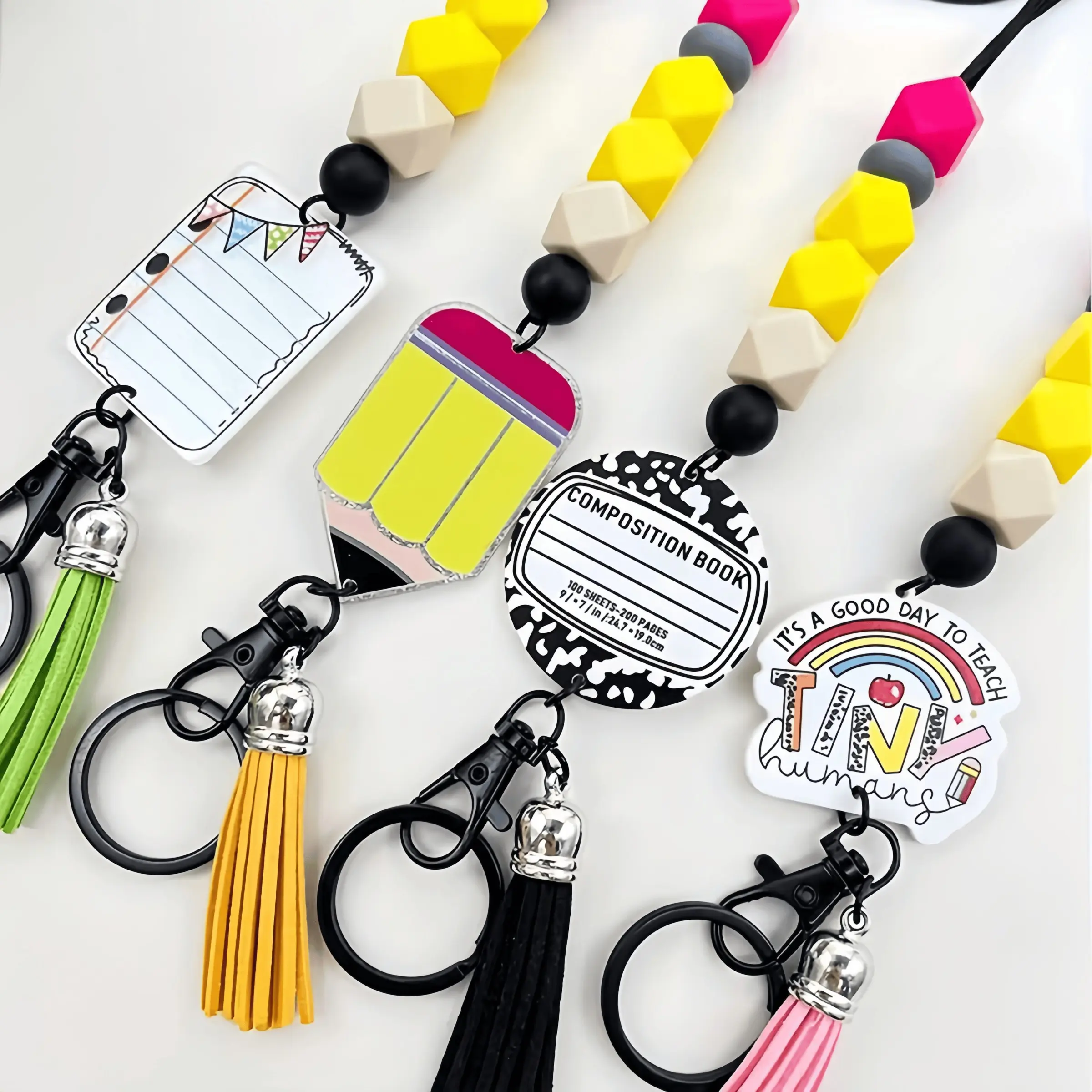 Teacher Beaded ID Lanyard Keychain, Pencil Charm Fringe Necklace Pendant, Back-To-School Gift for Teachers and Students, Cool Keychains