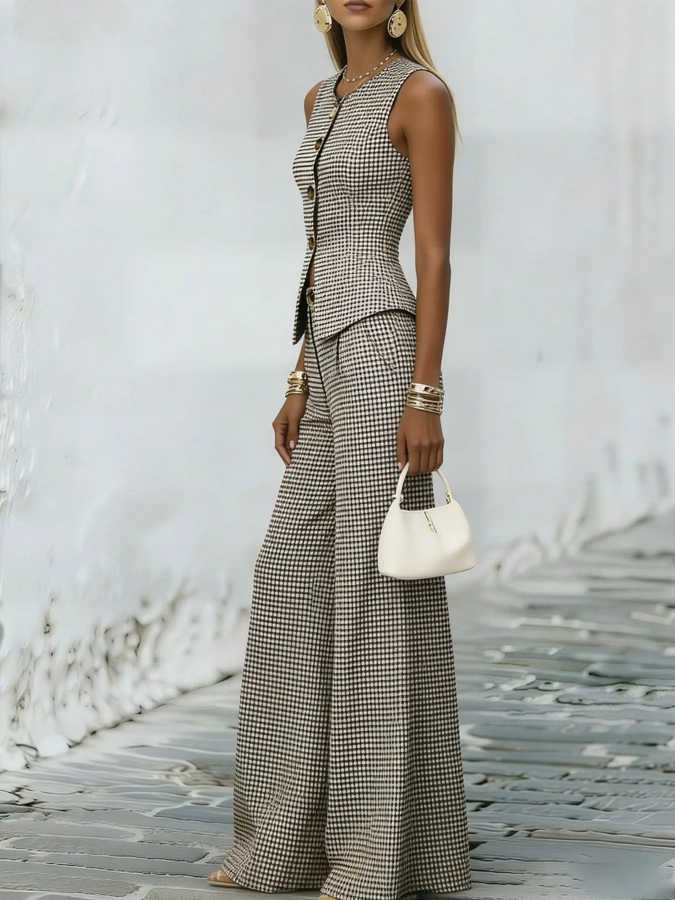 A two-piece set of women's fashionable coffee white small plaid sleeveless vest wide leg pants, Preppy Matching Set, Summer Matching Set, retro herringbone plaid looks slim and tall, suitable for commuting, outdoor and indoor wear