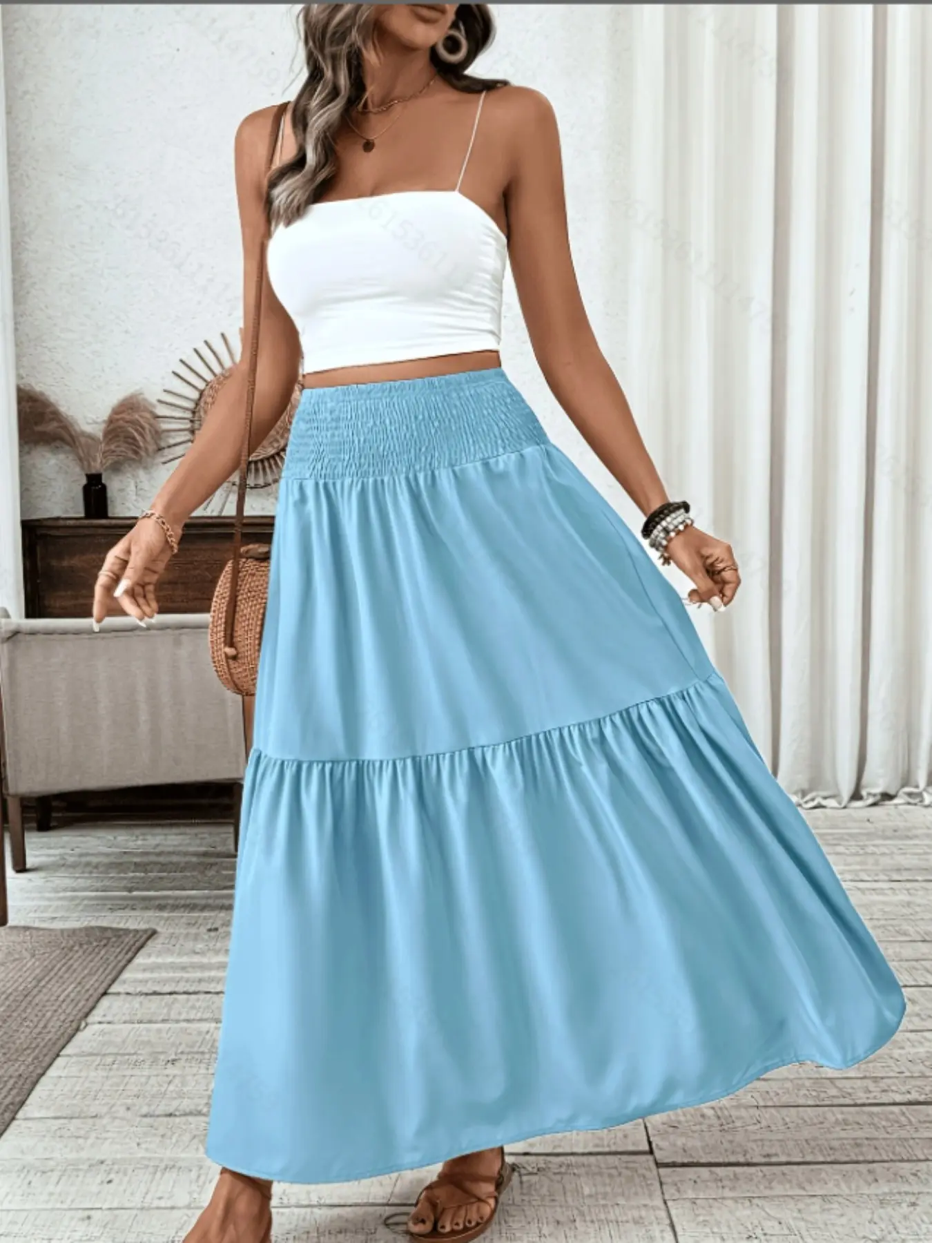 High Waist Midi Skirt, Chic Bottoms, Elastic Waist Ruched Design, Layered Flounce Detail, Medium-Length A-Line Dress, Elegant Party Wear