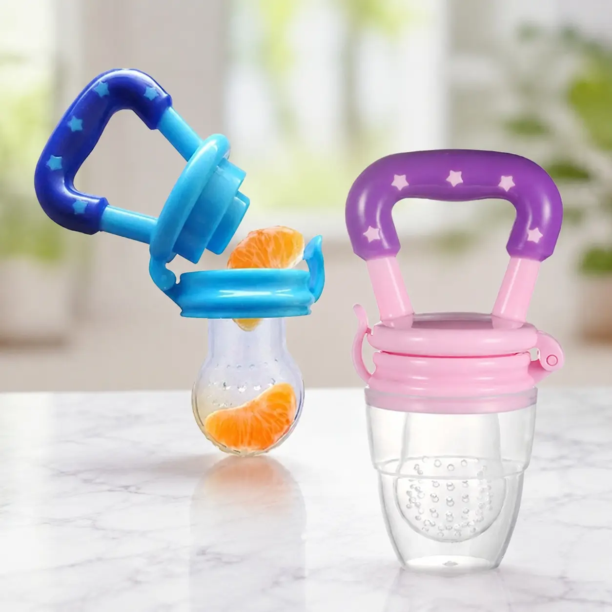 Baby Teething Feeder 2-Pack, Removable Easy-Clean Soothing Toy, Safe Fruit Feeder for On-the-Go, Portable BPA-Free Teether with Clip, Fresh Food Feeder for Infants Toddlers Transition Feeding