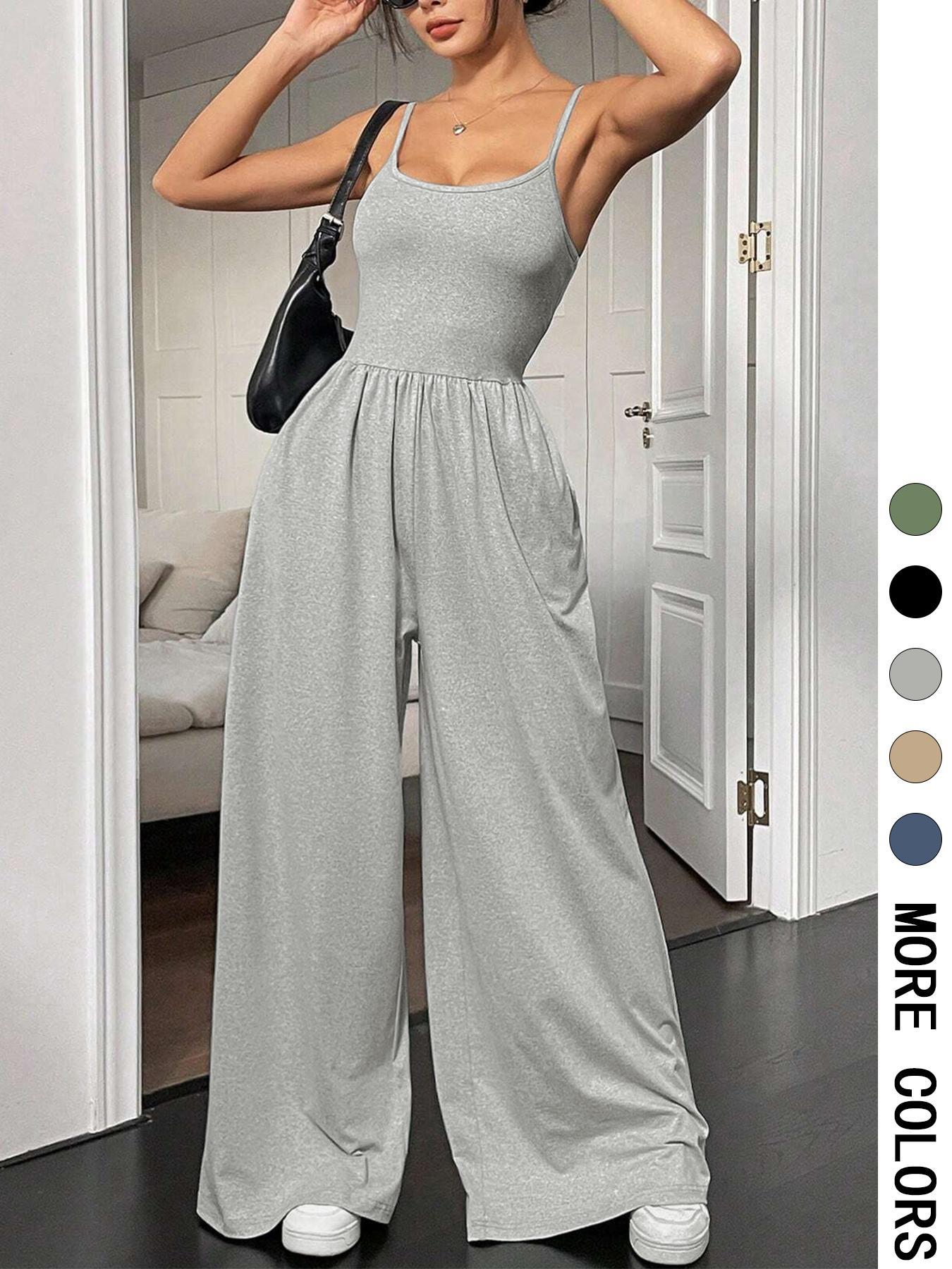 Women's Solid Color Cami Jumpsuit, Casual Comfy Wide Leg Jumpsuit for Summer, Women's Jumpsuit for Daily Wear