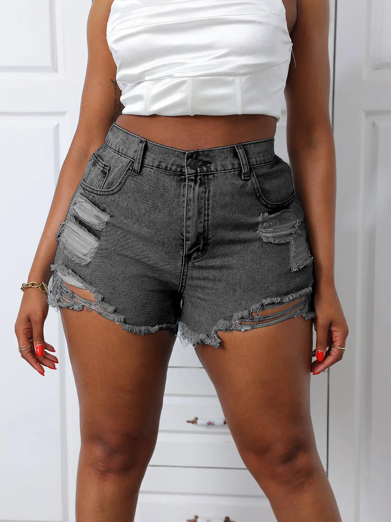 Plus Size Jeans Ripped High Waist Fitted Button Denim Shorts, Fashion Casual Pocket Shorts for Daily Outdoor Wear, Women Plus Size Jeanshort for Summer