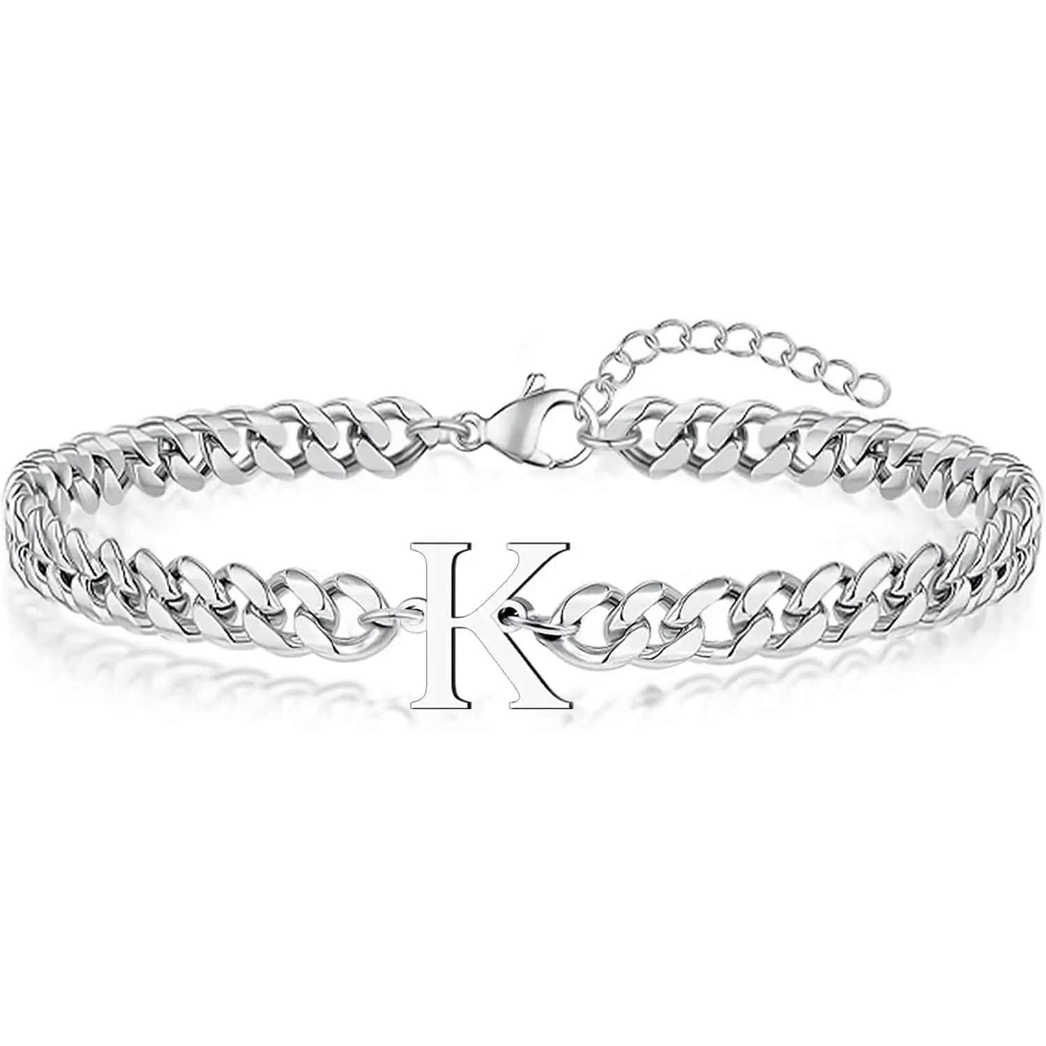 Initial Bracelet Matching Couple Bracelets Silver Letter A-Z Stainless Steel Cuban Link Chain Mens Bracelets Christmas Birthday Gifts for Men Women Him Teens Best Friends Husband Dad Son