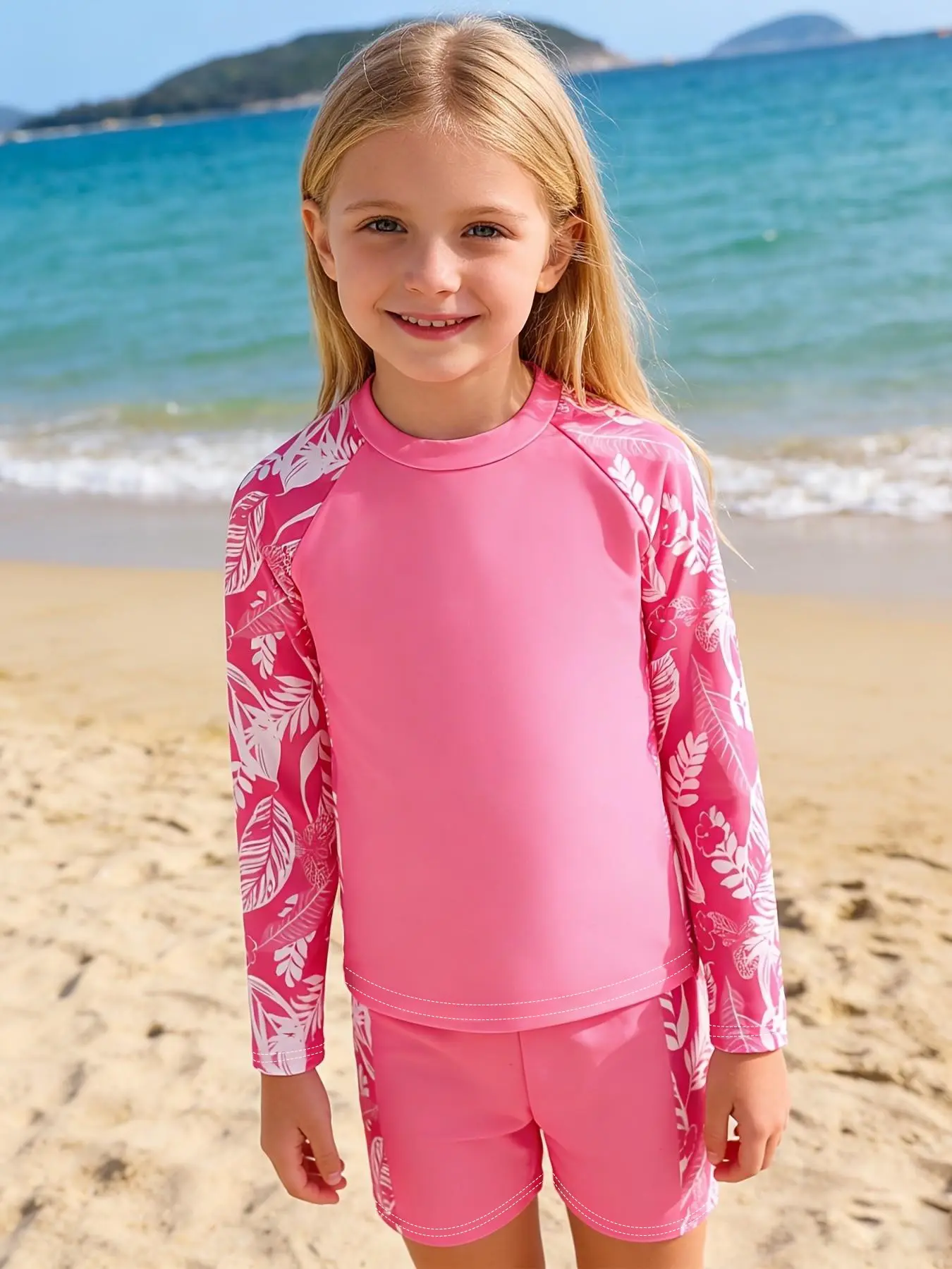 Girls' Summer Plant Print Beach Vacation Swimsuit Set, Swim Wear, Swimsuits with Shorts, Long Sleeve Short Pants, Stylish and Comfortable, Perfect for Outdoor Activities